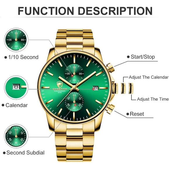 GOLDEN HOUR Men's Gold Green Stainless Steel Chronograph Quartz Watch Waterproof - Picture 3 of 7